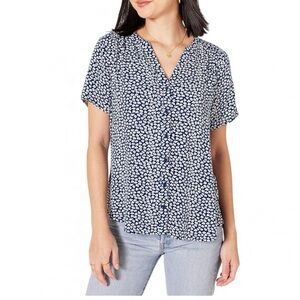 Amazon Essential Women's Relaxed-Fit Short Sleeve Blue & White Blouse - Size XXL
